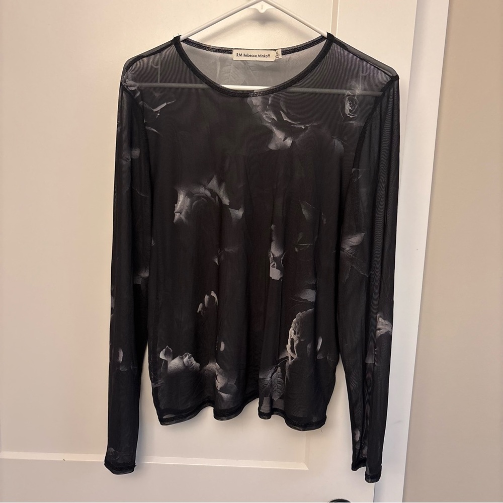 Rebecca Minkoff Black Sheer Floral Long-Sleeve Top